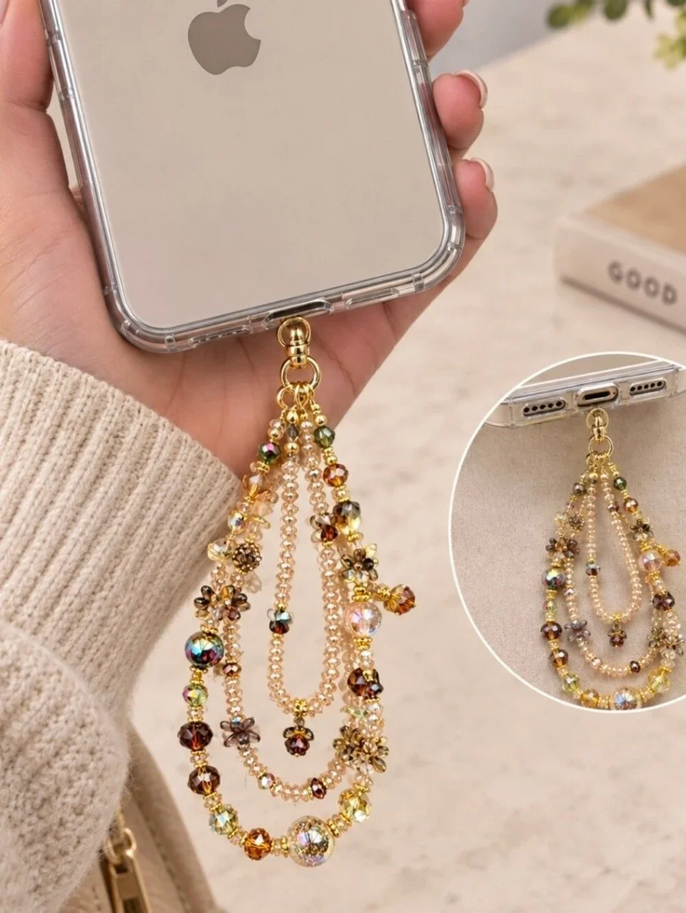 Trendy Phone or Bag Charm Earthy Gold-Tone Iridescent & Amber Multi-Strand
